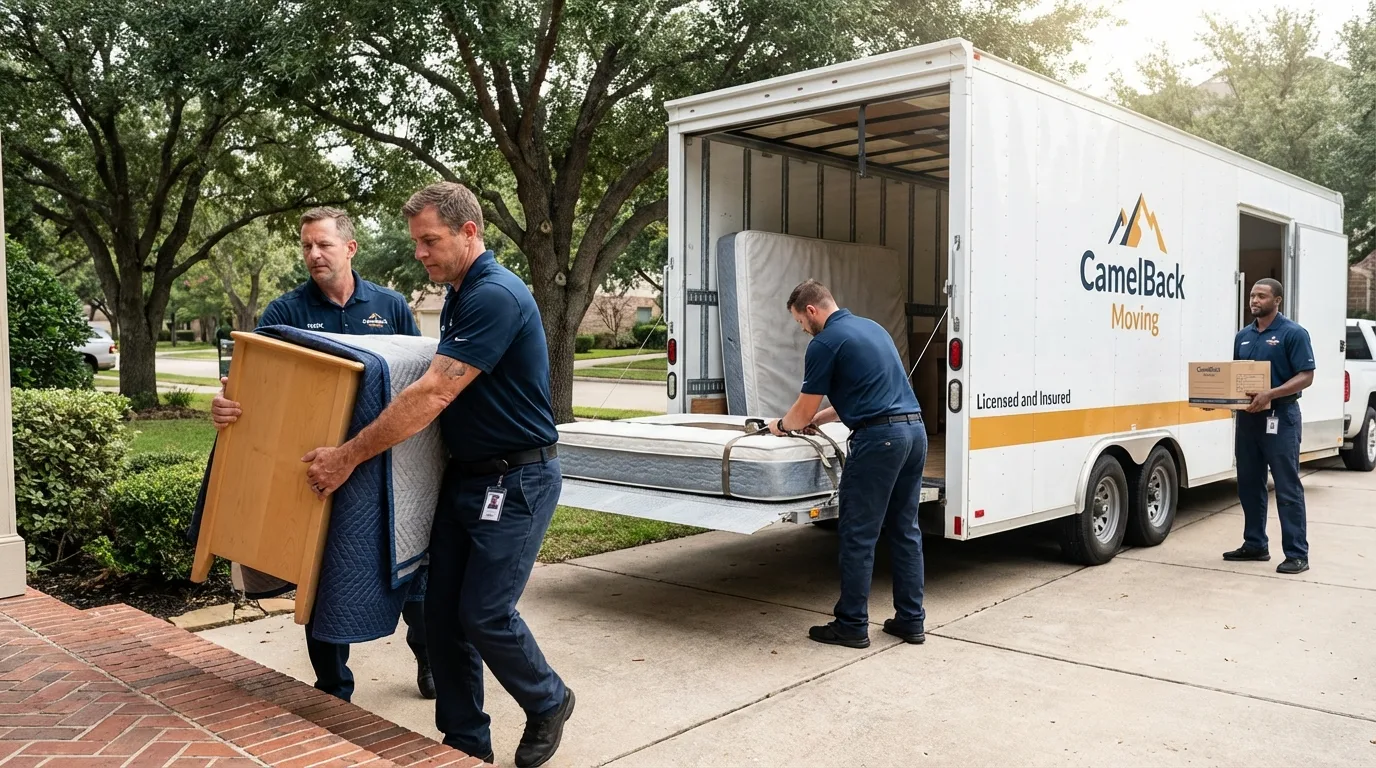 Crew loading residential truck for cross-state move from Pleasantville, IA