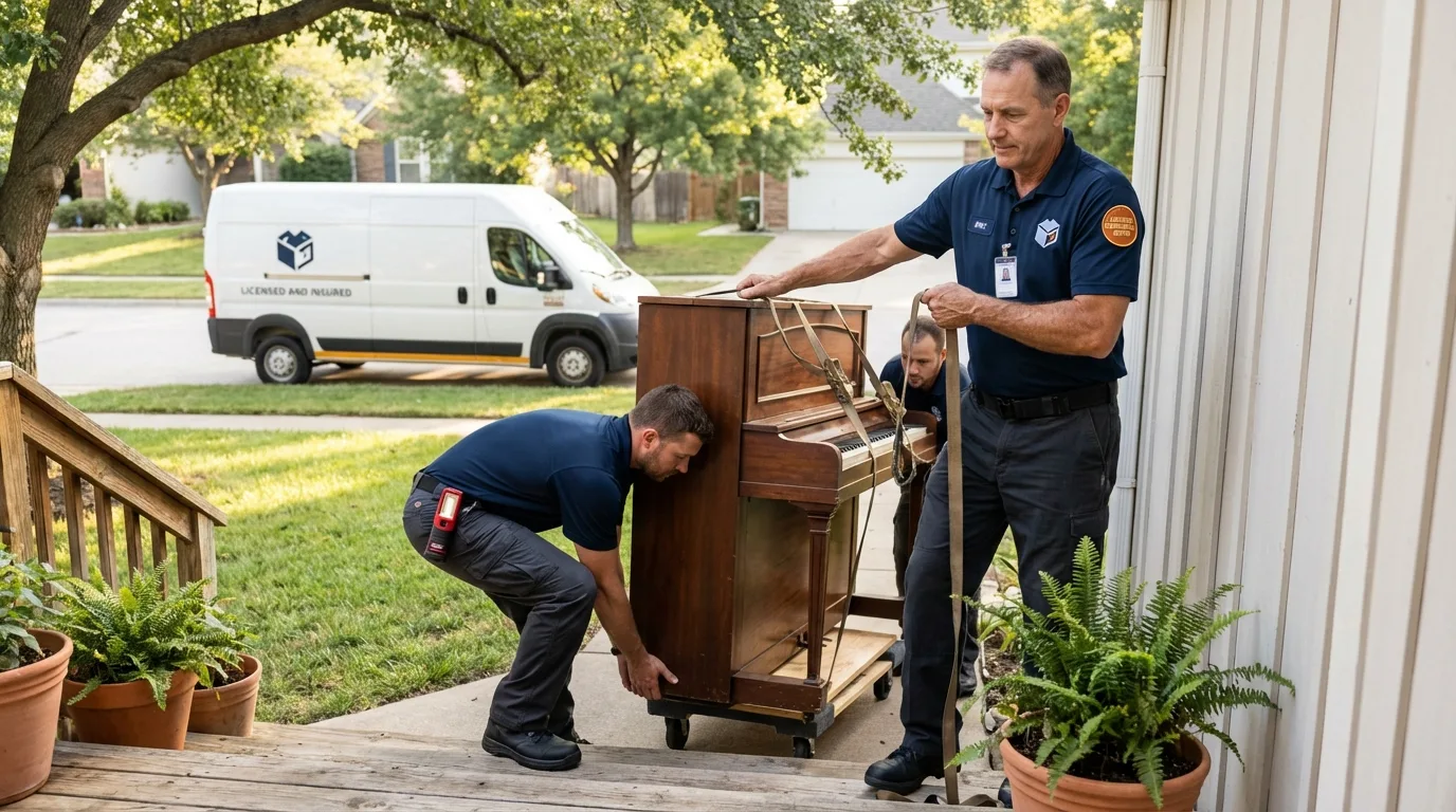 Licensed piano movers securing grand piano in Pleasantville, IA
