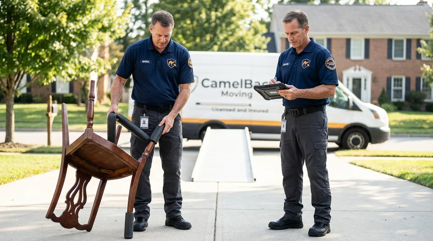 Movers inspecting furniture for damage prevention before loading in Pleasantville, IA