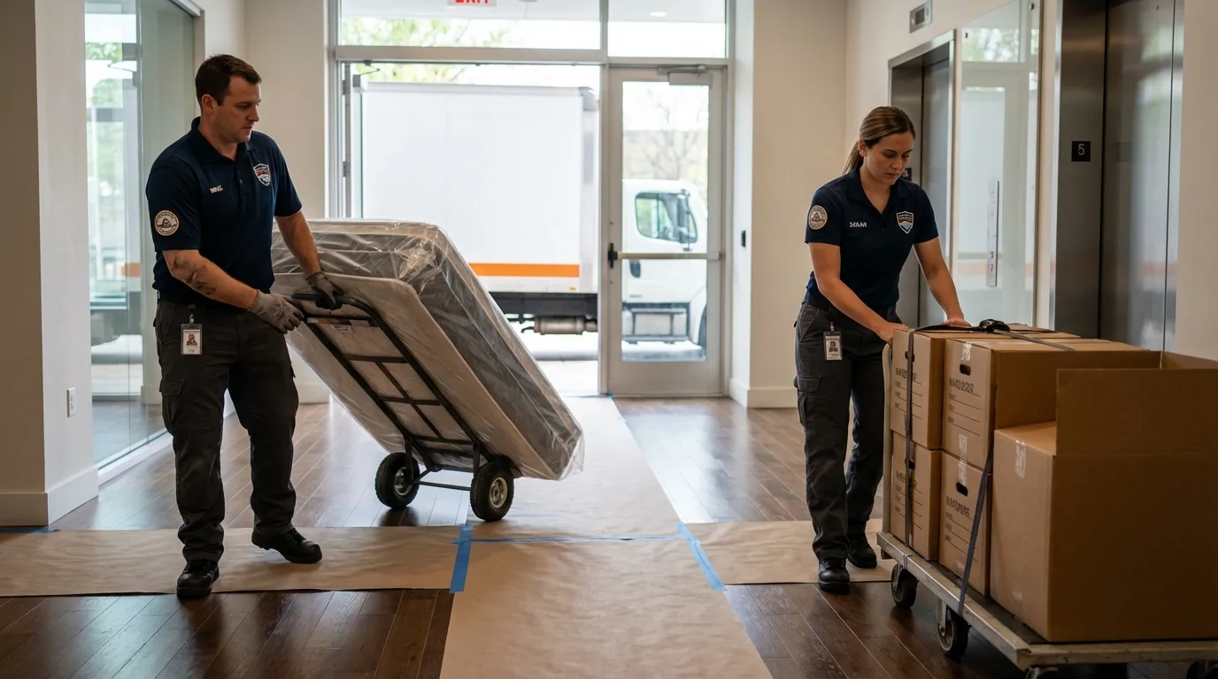 Professional apartment movers loading elevator in Pleasantville, IA