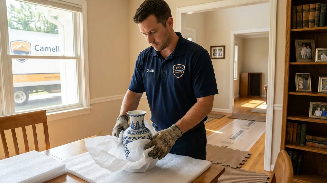 Professional crew carefully wrapping antique vase for senior downsizing move in Pleasantville, IA
