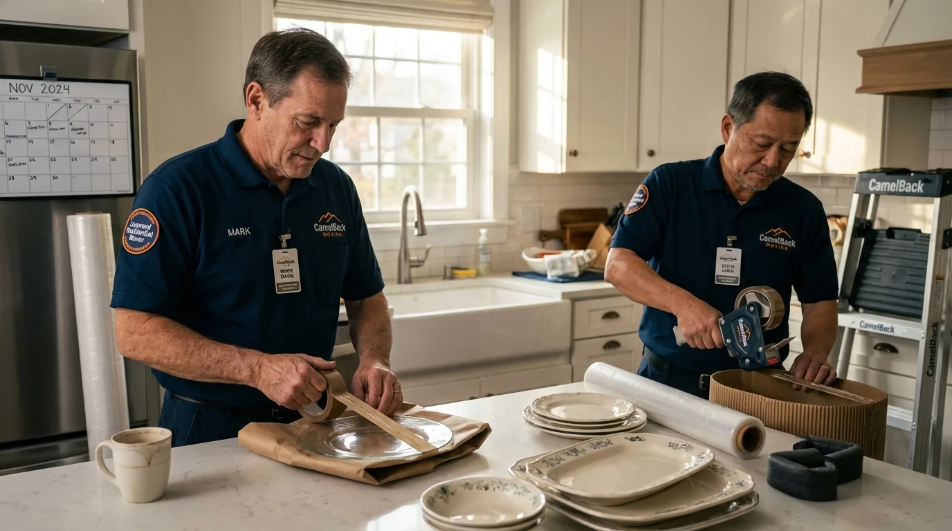 Professional crew packing kitchen dishware in Pleasantville, IA